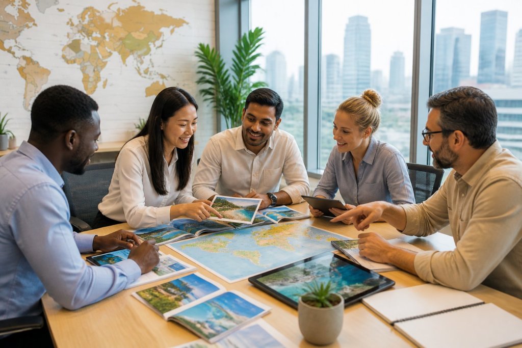 A group of travel professionals discussing brochures and tablets around a conference table in a bright office.