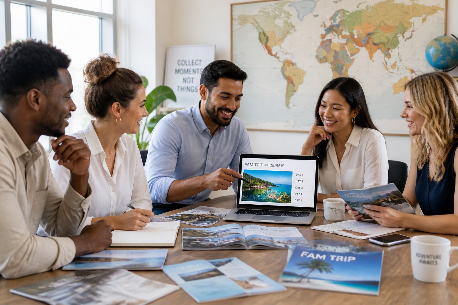 A group of business travelers discussing travel plans around a table with brochures and a laptop in a bright office.